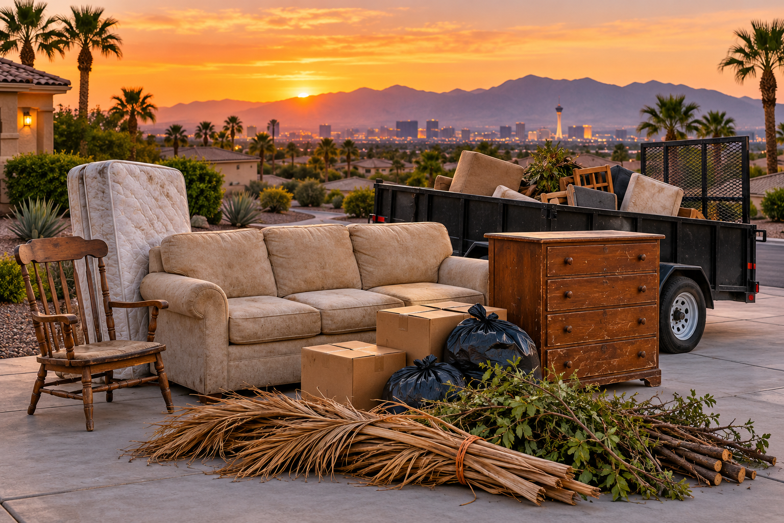 Illustration of unwanted furniture, a mattress, boxes and yard debris ready for hauling, with a loaded trailer in the background